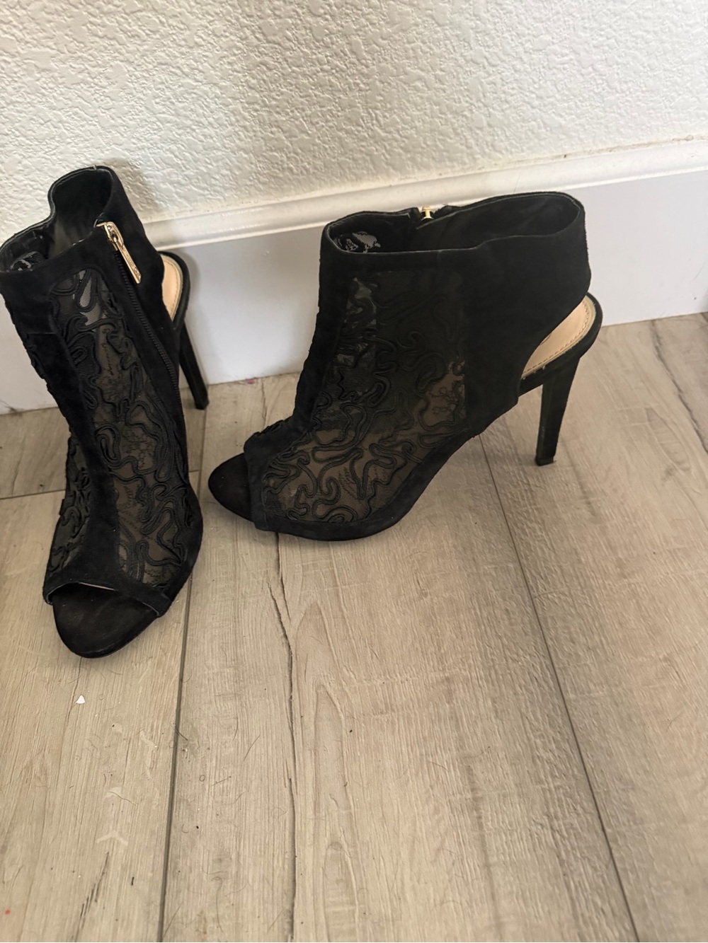 Jessica Simpson Black Lace Peep-Toe Ankle Booties with Gold Zip